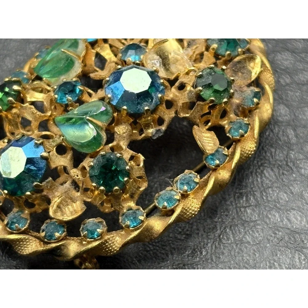 VTG Austria Gold Tone Filigree Brooch Blue Green Heart Rhinestone Pin READ